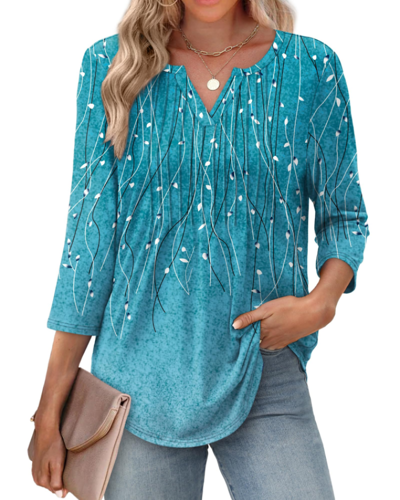 Camille Women's V-Neck Blouse – 3/4 Sleeve Pleated Summer Top Casual Beach Shirt