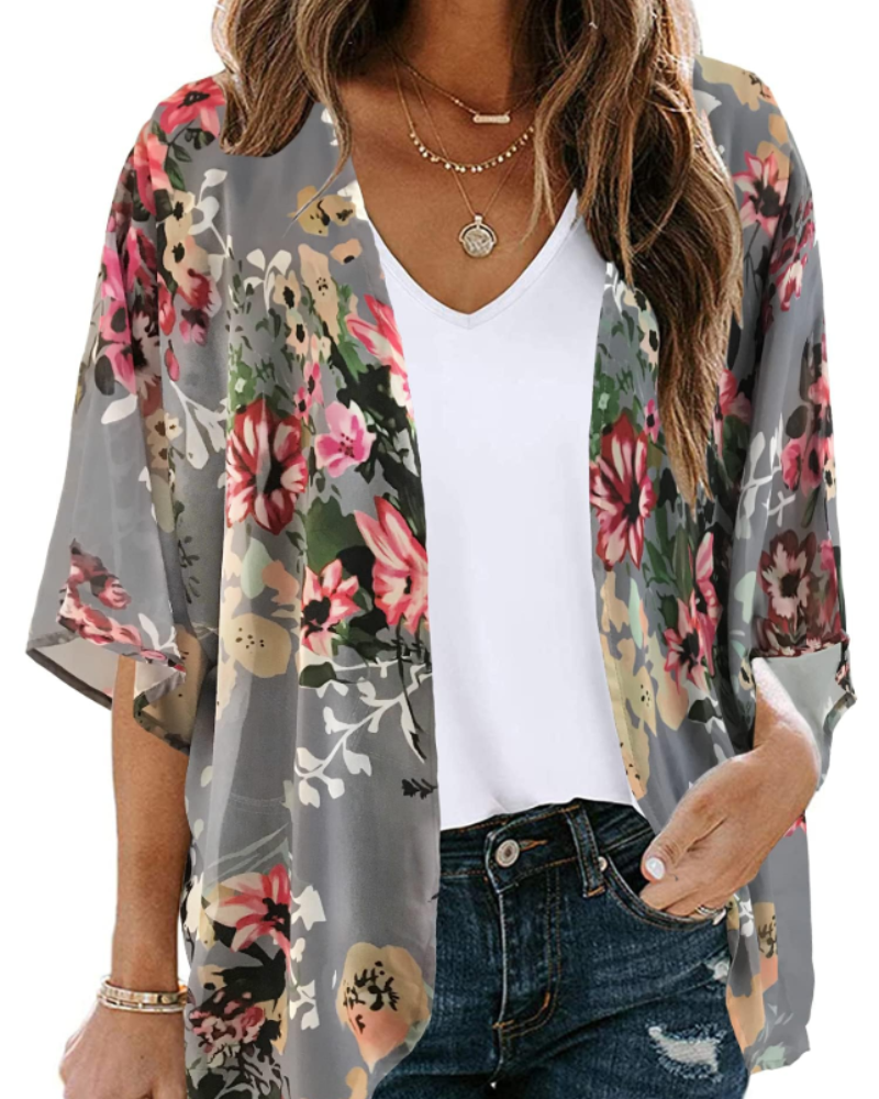 Bianca Women's Boho Kimono Cardigan – Floral Chiffon Beach Cover Up