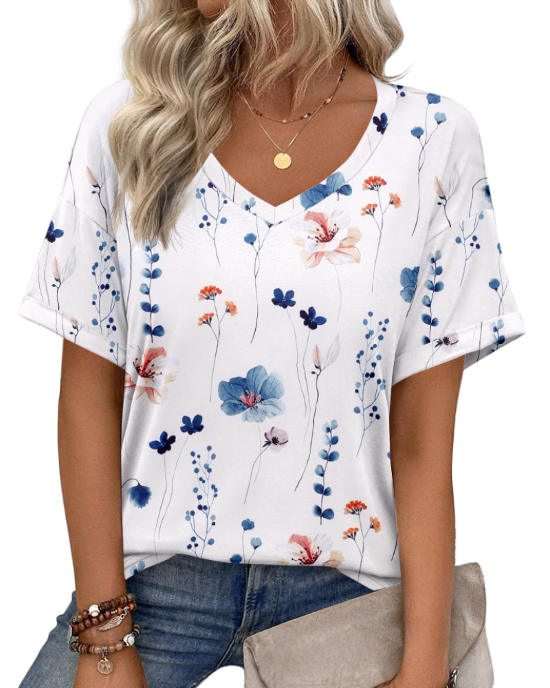 Elena Women's V-Neck Tunic Top – Casual Printed Summer T-Shirt Blouse