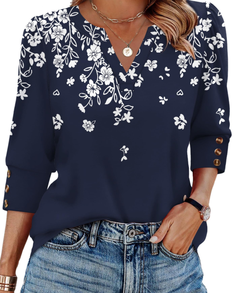Claire Women's V-Neck Blouse – 3/4 Sleeve Dressy Casual Top with Button Cuffs