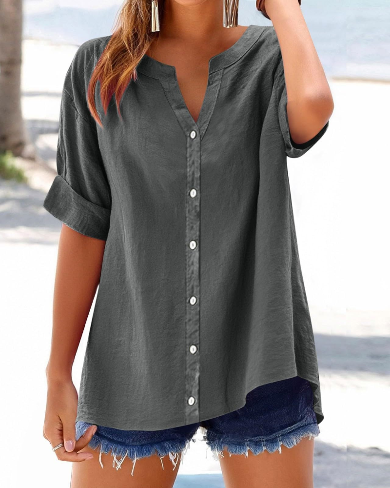 Bayla Women's Cotton Shirt – V-Neck Button-Down Roll-Up Sleeve Casual Blouse