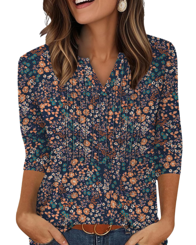 Camille Women's V-Neck Blouse – 3/4 Sleeve Pleated Summer Top Casual Beach Shirt