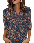 Camille Women's V-Neck Blouse – 3/4 Sleeve Pleated Summer Top Casual Beach Shirt