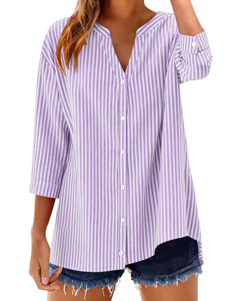 Sophie Women's Cotton Button Down Blouse – 3/4 Sleeve V-Neck Plaid Shirt