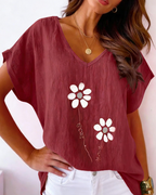 Bellina Women's Daisy Print Blouse – Bright Pink V-Neck Short Sleeve Summer Top
