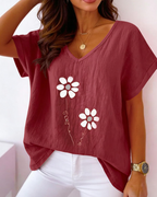 Bellina Women's Daisy Print Blouse – Bright Pink V-Neck Short Sleeve Summer Top