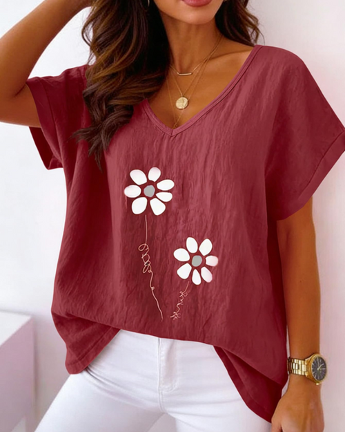 Bellina Women's Daisy Print Blouse – Bright Pink V-Neck Short Sleeve Summer Top