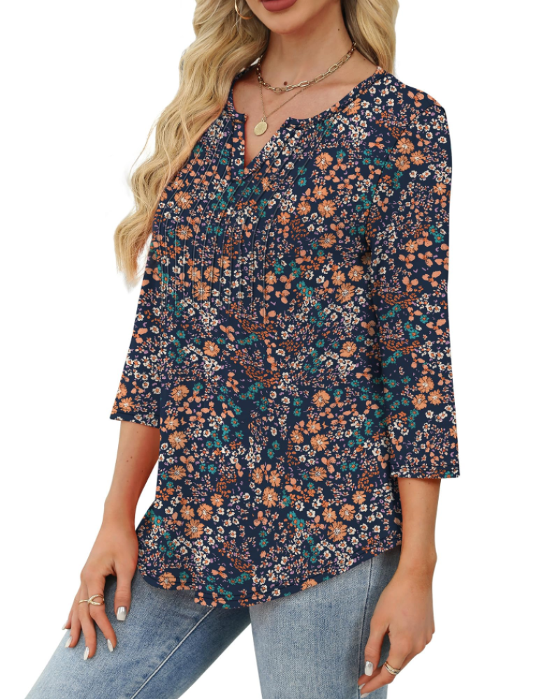Camille Women's V-Neck Blouse – 3/4 Sleeve Pleated Summer Top Casual Beach Shirt