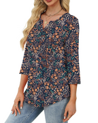 Camille Women's V-Neck Blouse – 3/4 Sleeve Pleated Summer Top Casual Beach Shirt