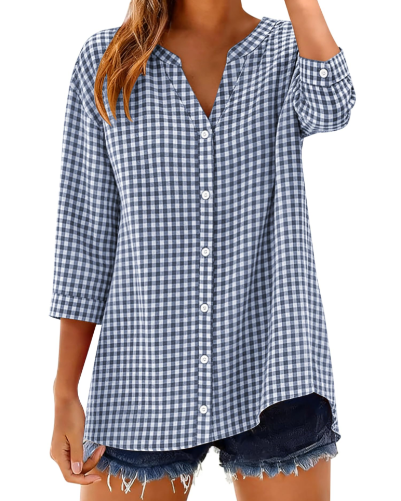 Sophie Women's Cotton Button Down Blouse – 3/4 Sleeve V-Neck Plaid Shirt