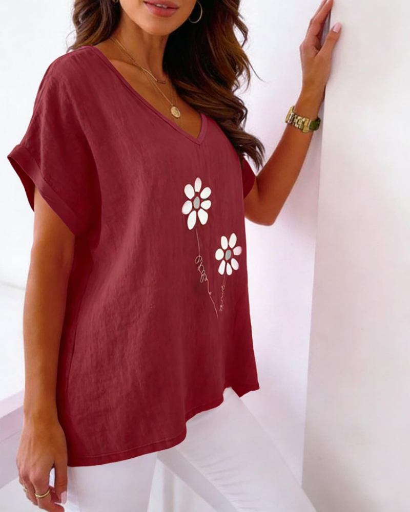Bellina Women's Daisy Print Blouse – Bright Pink V-Neck Short Sleeve Summer Top