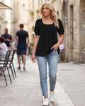 Olivia Women's Square Neck Tunic Top – Pleated Puff Sleeve Summer Blouse