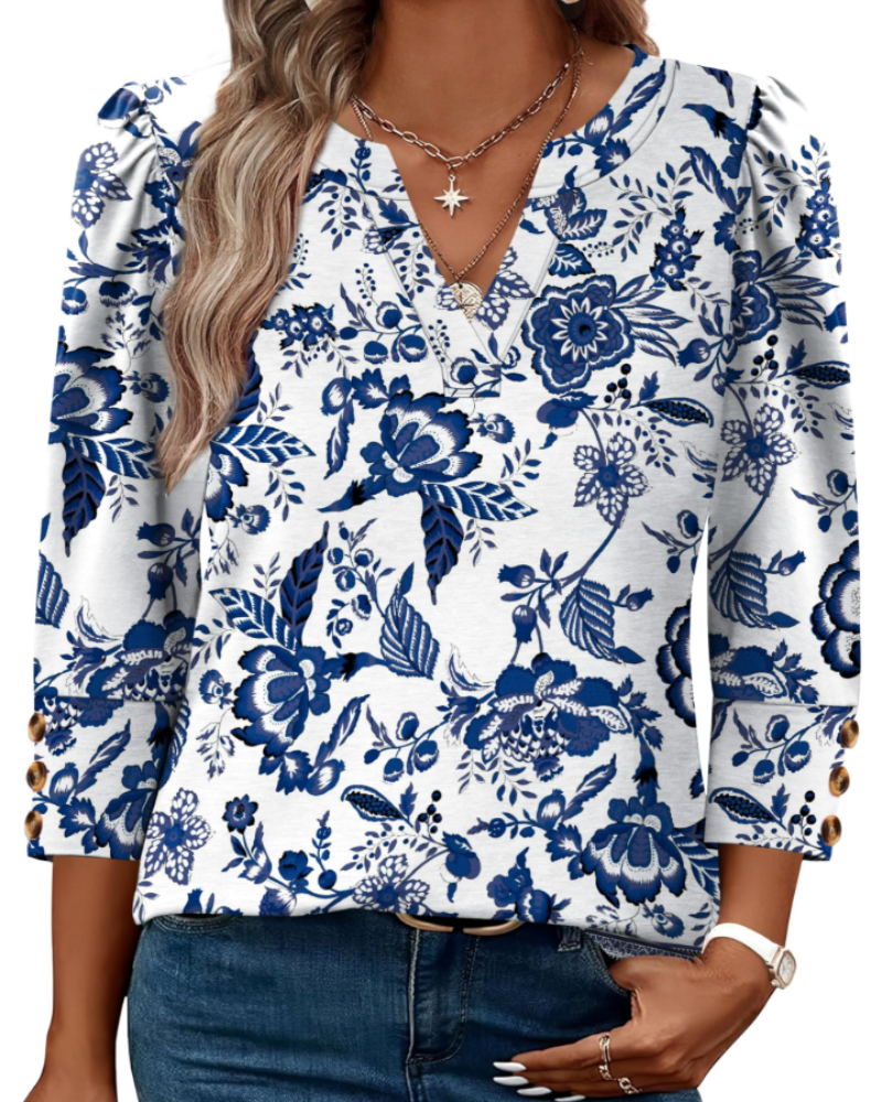 Claire Women's V-Neck Blouse – 3/4 Sleeve Dressy Casual Top with Button Cuffs