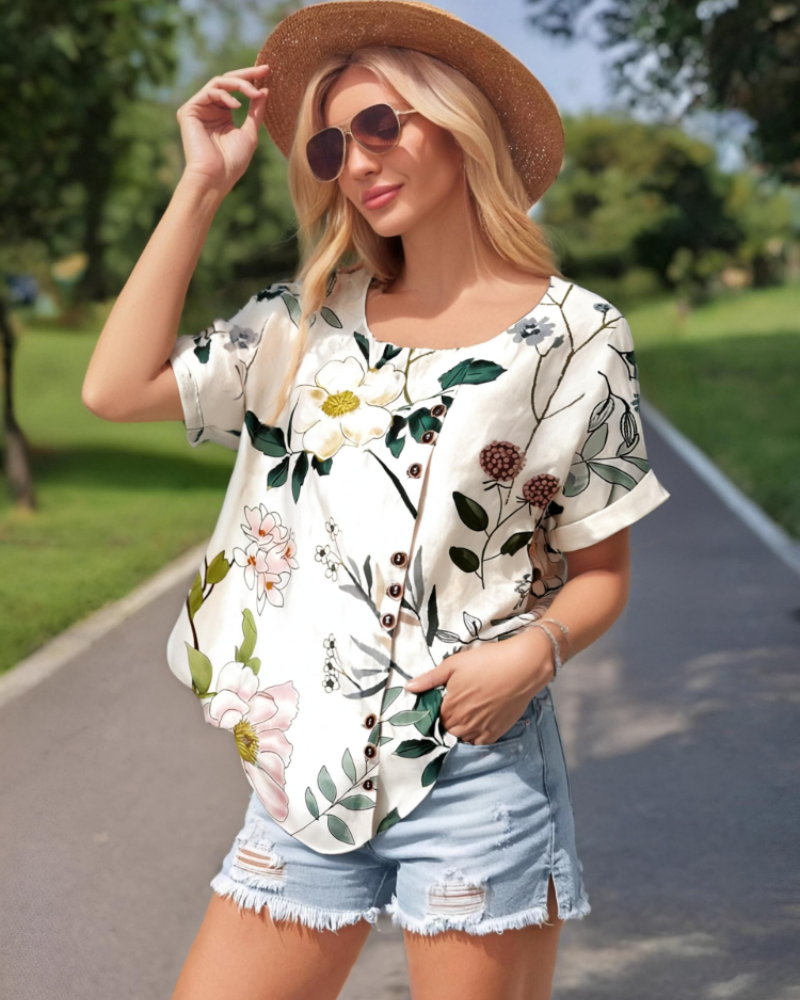 Brilynn Women's Floral Blouse – Short Sleeve Round Neck Casual Spring Summer Top