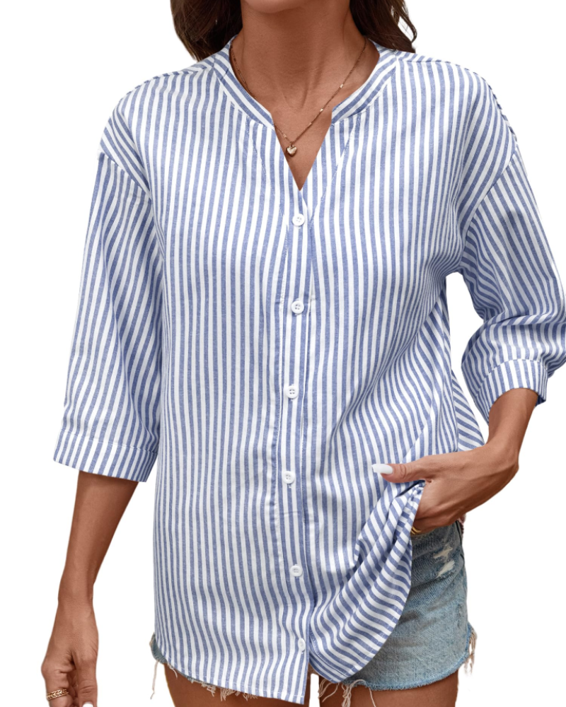 Sophie Women's Cotton Button Down Blouse – 3/4 Sleeve V-Neck Plaid Shirt