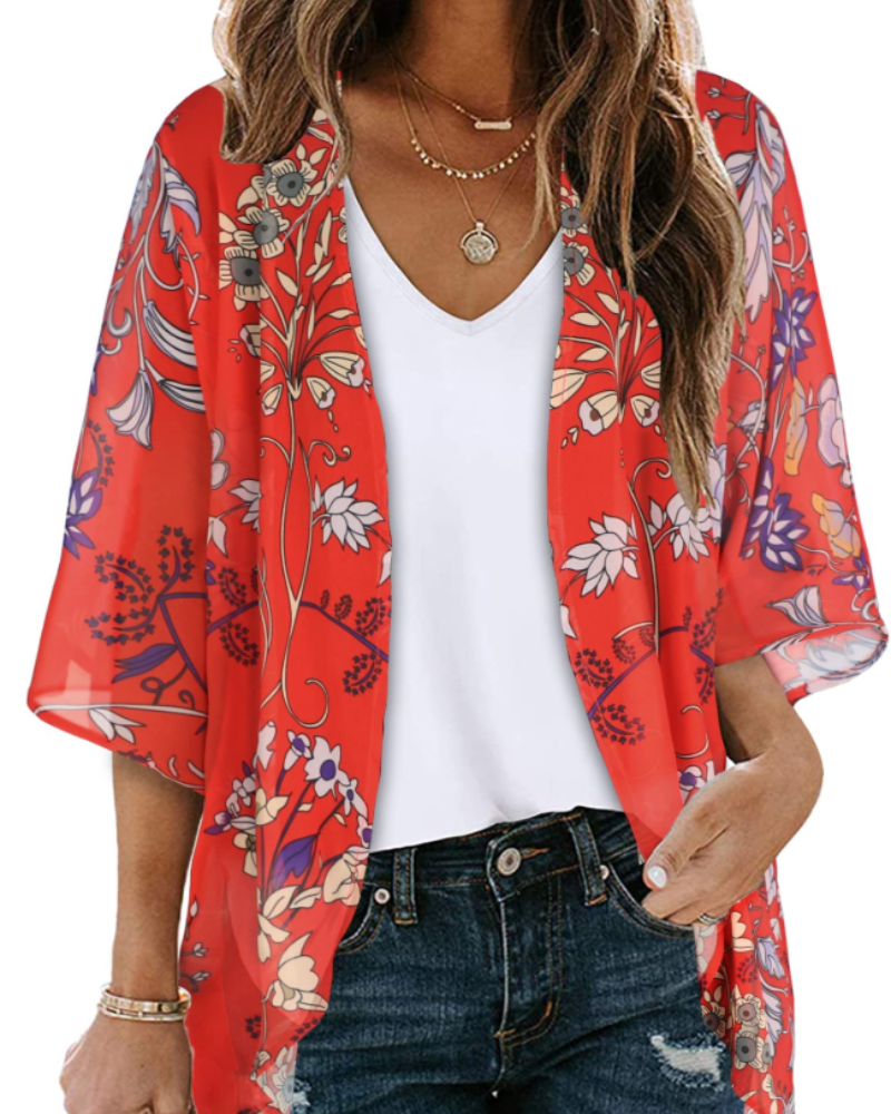 Bianca Women's Boho Kimono Cardigan – Floral Chiffon Beach Cover Up