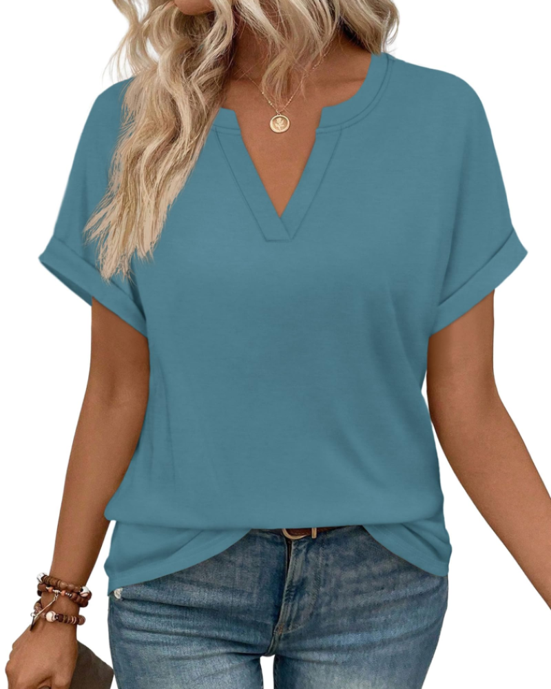 Emily Women's V-Neck Blouse – Casual Short Sleeve Summer Tunic Top