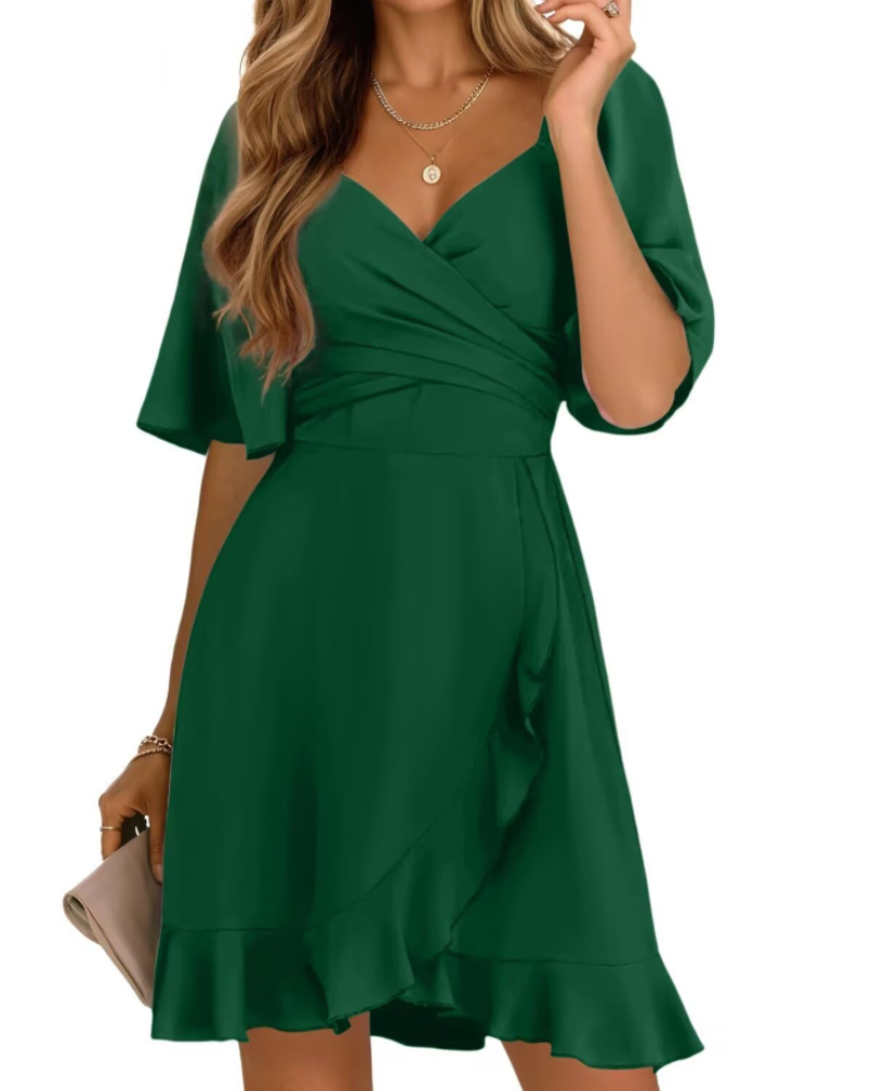 Ava Women's Wrap Mini Dress – V-Neck Smocked Waist Wedding Guest Dress