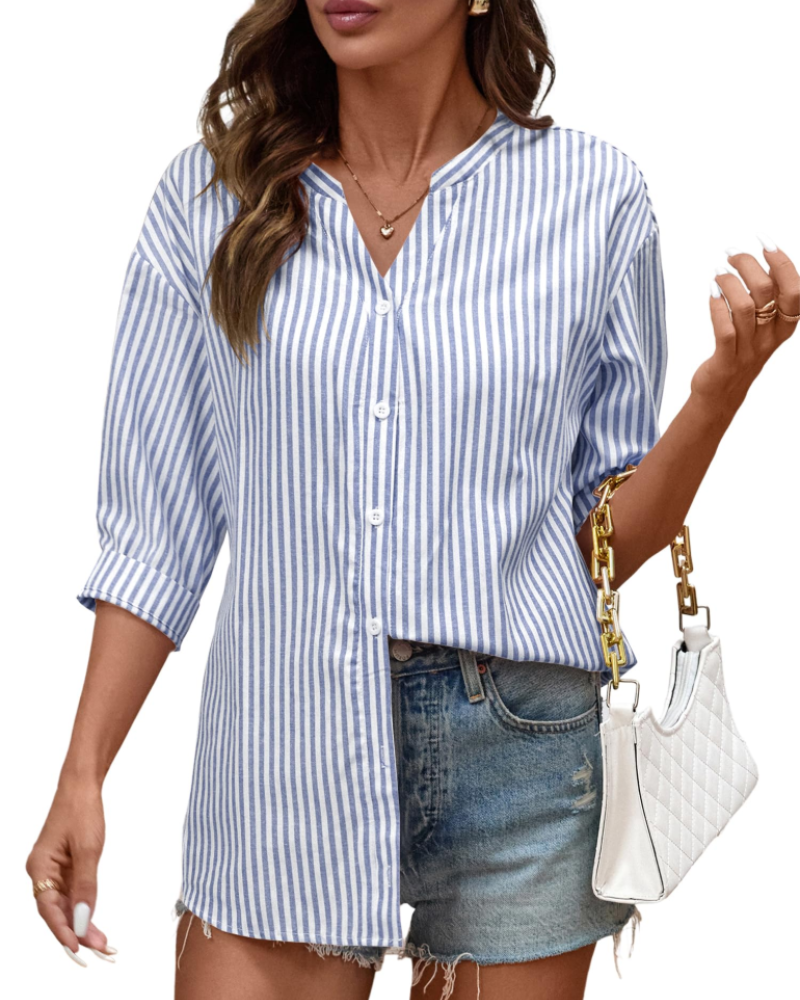 Sophie Women's Cotton Button Down Blouse – 3/4 Sleeve V-Neck Plaid Shirt