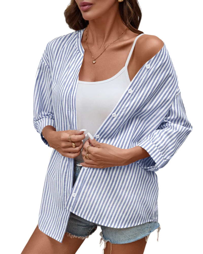 Sophie Women's Cotton Button Down Blouse – 3/4 Sleeve V-Neck Plaid Shirt
