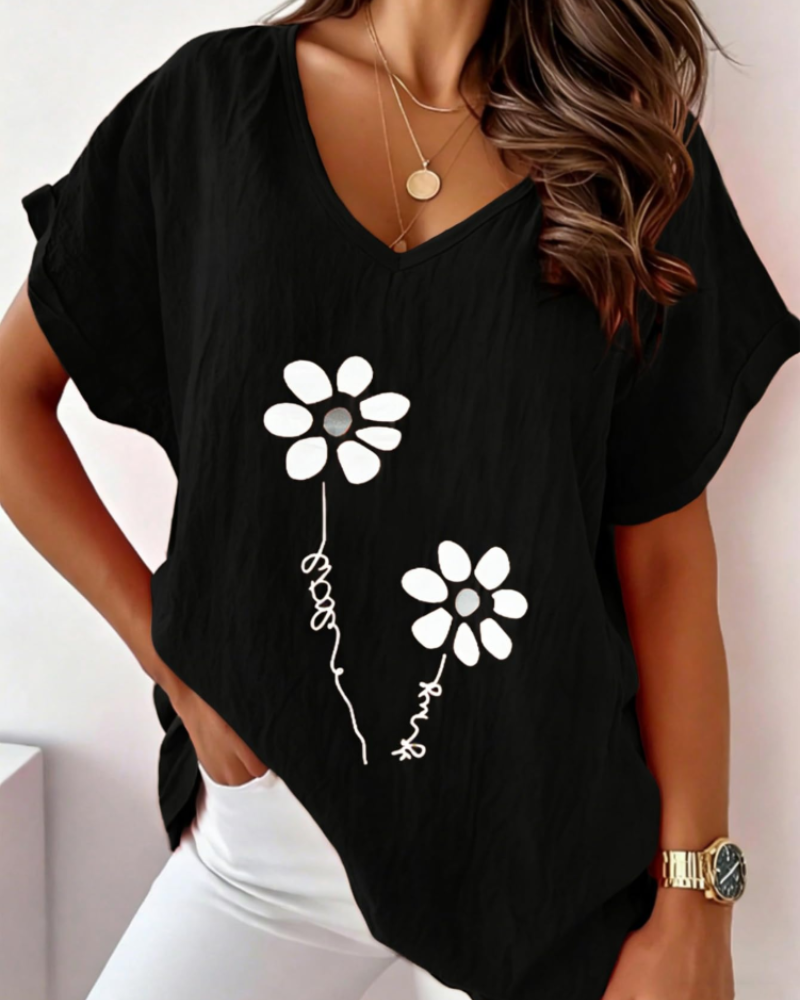 Bellina Women's Daisy Print Blouse – Bright Pink V-Neck Short Sleeve Summer Top