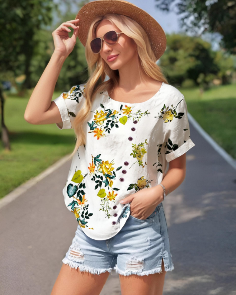 Brilynn Women's Floral Blouse – Short Sleeve Round Neck Casual Spring Summer Top