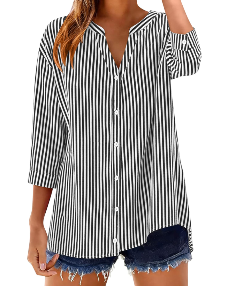 Sophie Women's Cotton Button Down Blouse – 3/4 Sleeve V-Neck Plaid Shirt