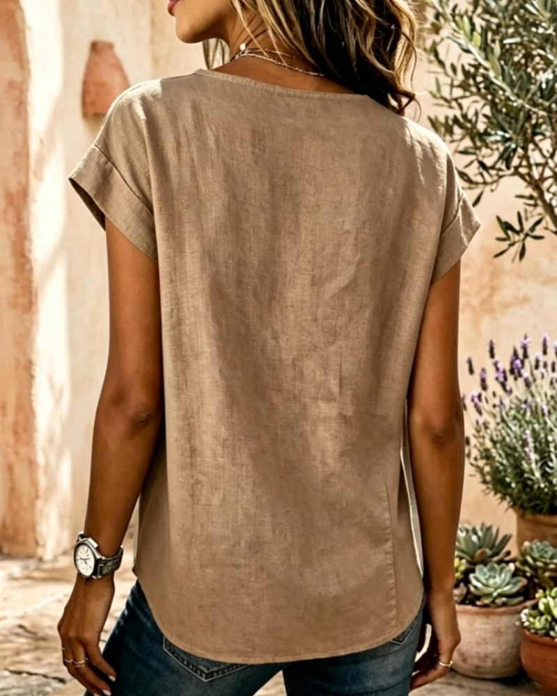 Florentia Women's Linen-Look Blouse – Short Sleeve Button-Up Collared Summer Shirt