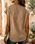 Florentia Women's Linen-Look Blouse – Short Sleeve Button-Up Collared Summer Shirt