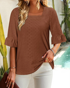 Brynlee Women's Ruffle Blouse – Half Sleeve Square Neck Elegant Summer Tunic Top