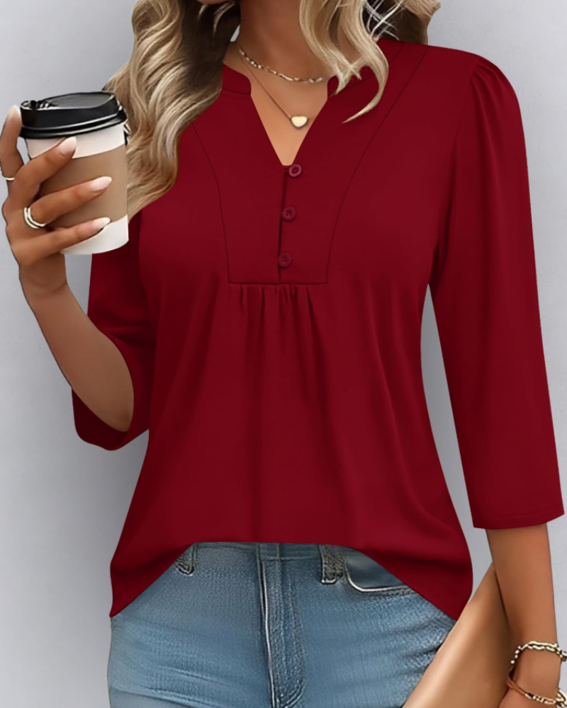 Hailey Women's Boho Blouse – V-Neck 3/4 Sleeve Pleated Casual Summer Top