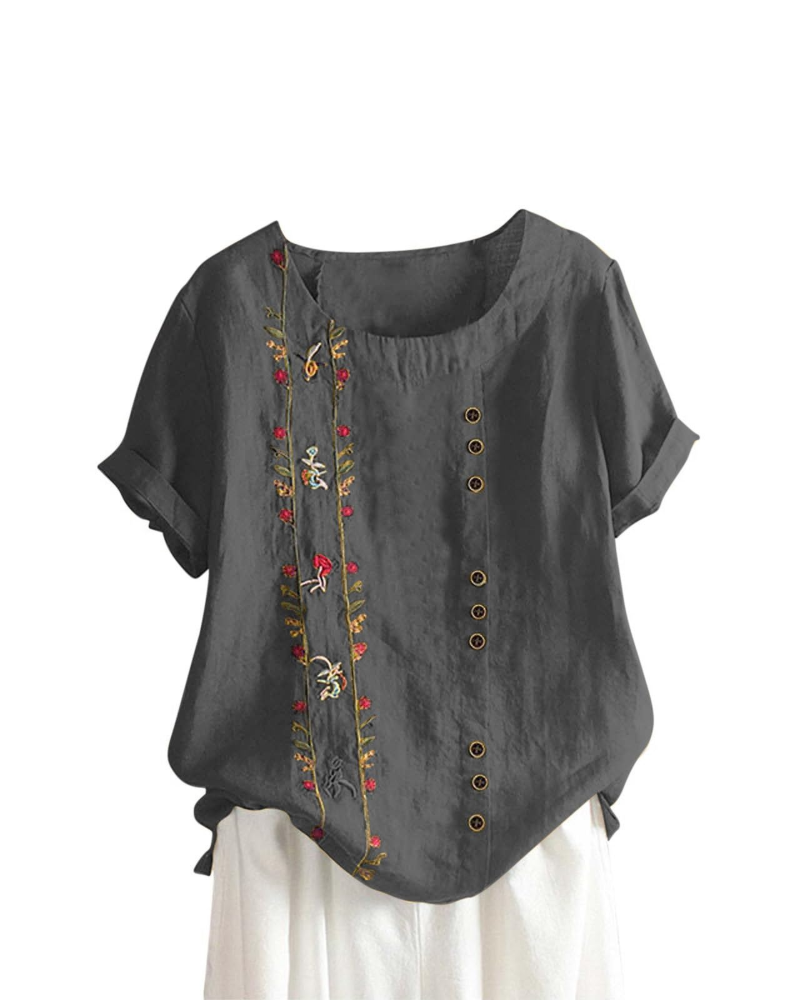 Amelia Women's Linen Blend Blouse – Floral Cotton Linen Summer Top