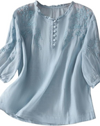 Brightyn Women's Cotton Peasant Blouse – Floral Embroidered 3/4 Sleeve Boho Linen Shirt