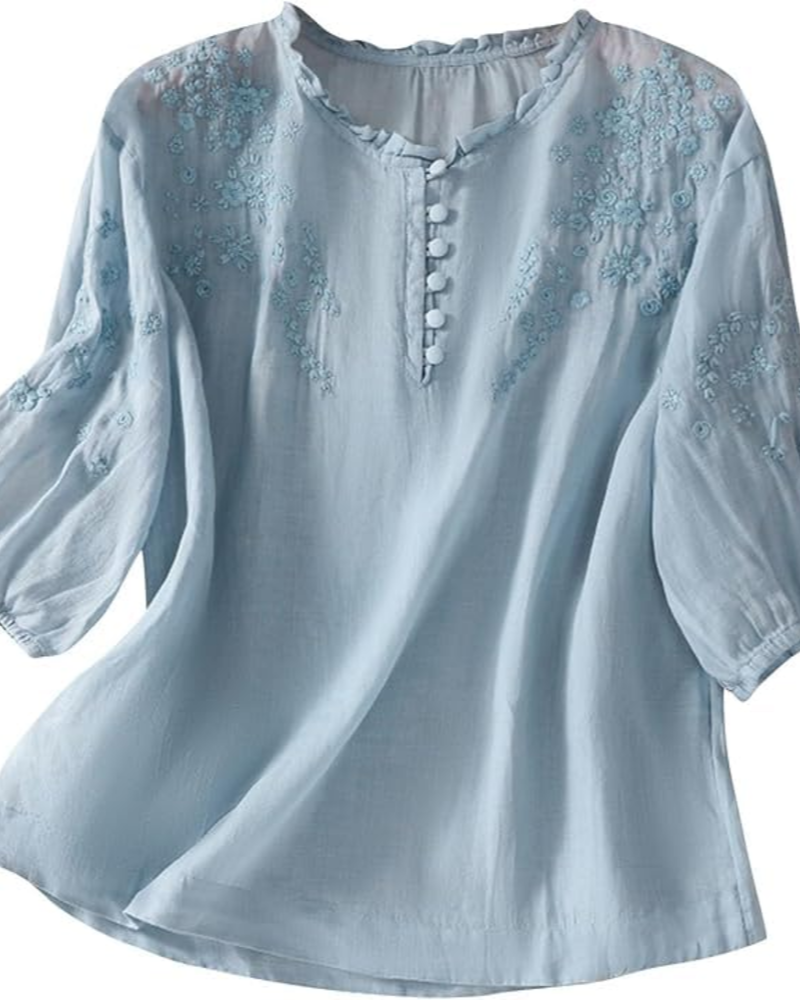 Brightyn Women's Cotton Peasant Blouse – Floral Embroidered 3/4 Sleeve Boho Linen Shirt