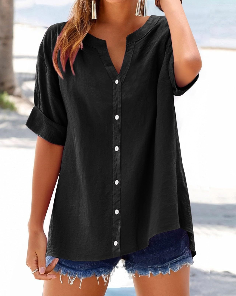 Bayla Women's Cotton Shirt – V-Neck Button-Down Roll-Up Sleeve Casual Blouse