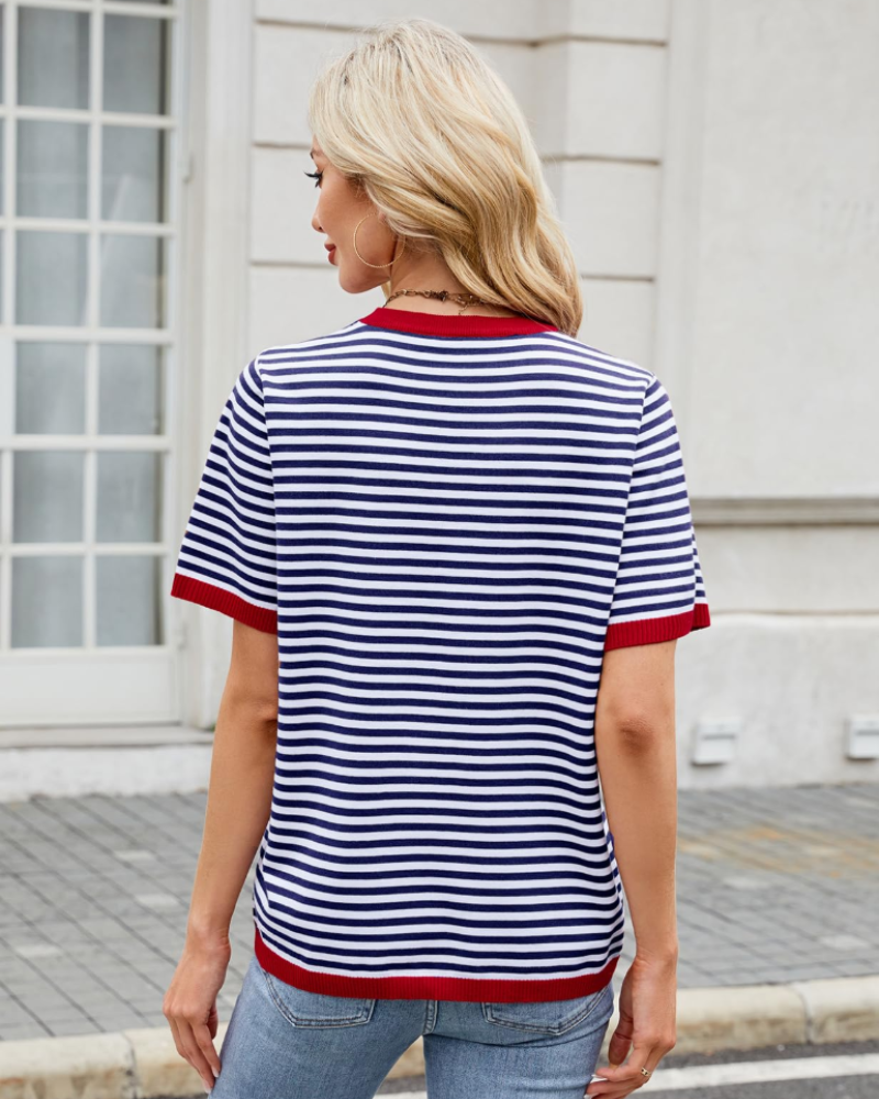 Charlotte Women's Striped Knit Top – Loose Fit Short Sleeve Summer T-Shirt