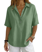 Franca Women's Linen Blouse – Half Sleeve Henley V-Neck Button Summer Shirt