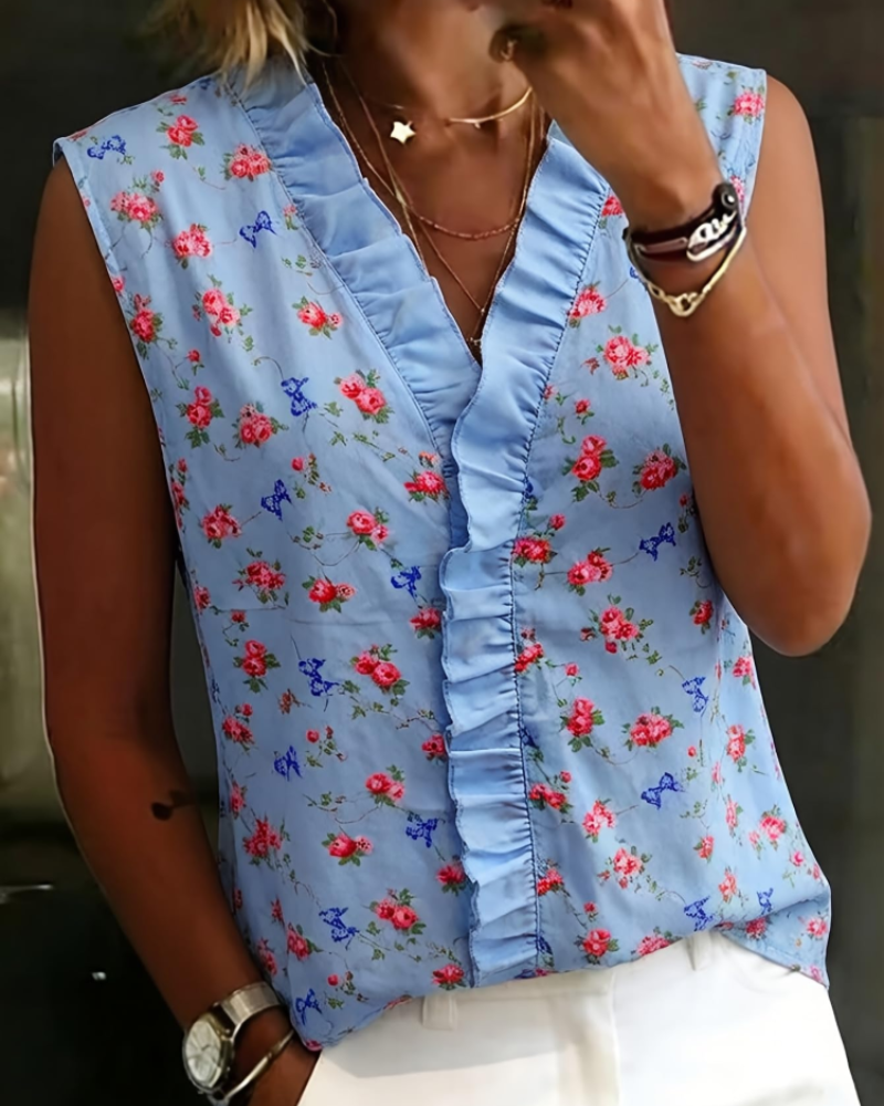 Farren Women's Floral Blouse – Sleeveless V-Neck Ruffle Front Summer Top Loose Fit