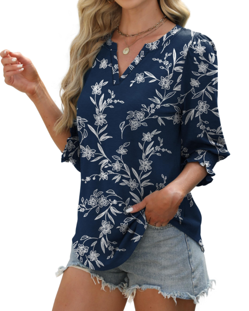 Isabella Women's V-Neck Blouse – 3/4 Sleeve Top with Smocked Cuffs Casual Elegant Fit