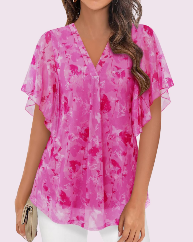 Fallyn Women's Mesh Blouse – Double Layer V-Neck Flounce Sleeve Elegant Summer Top