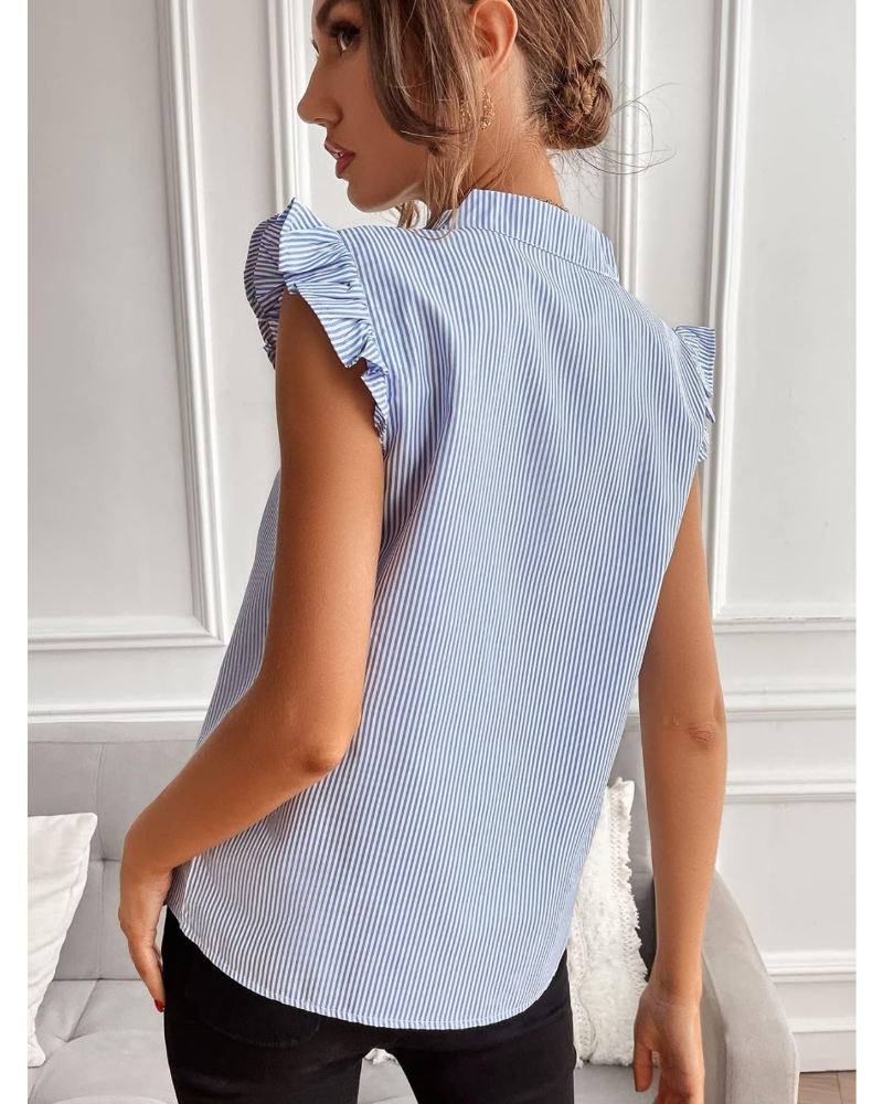 Bahsira Women's Striped Blouse – Ruffle Cap Sleeve V-Neck Casual Summer Work Top