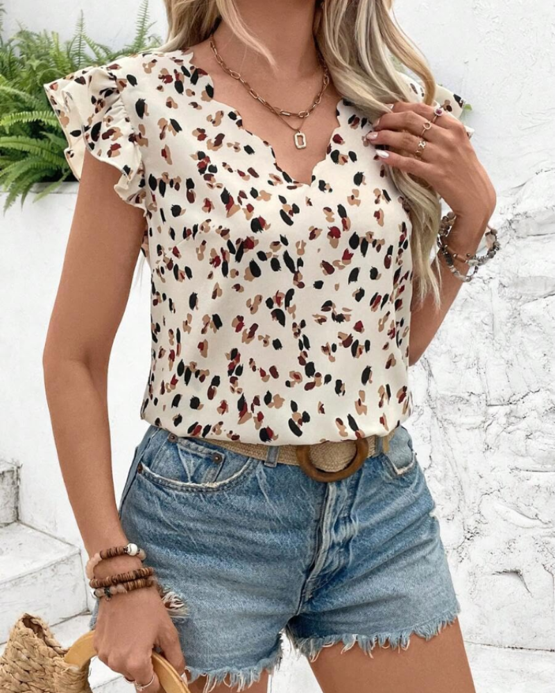Freesia Women's Scalloped Blouse – V-Neck Ruffle Puff Sleeve Summer Office Top