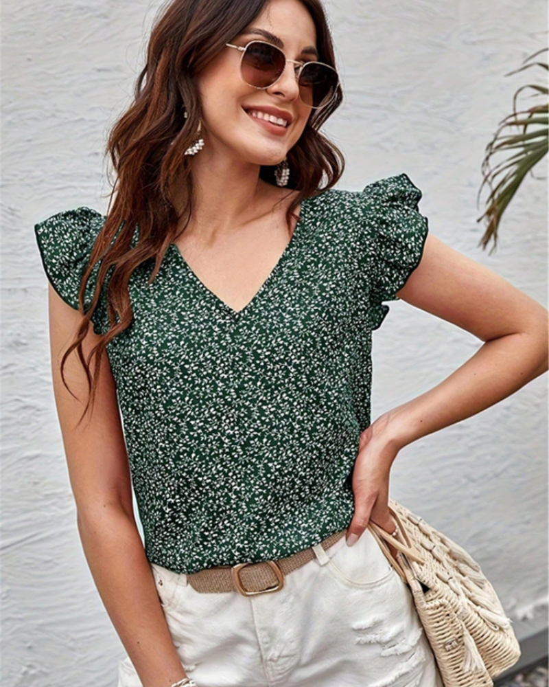 Filomena Women's Floral Blouse – V-Neck Ruffle Cap Sleeve Casual Summer Top