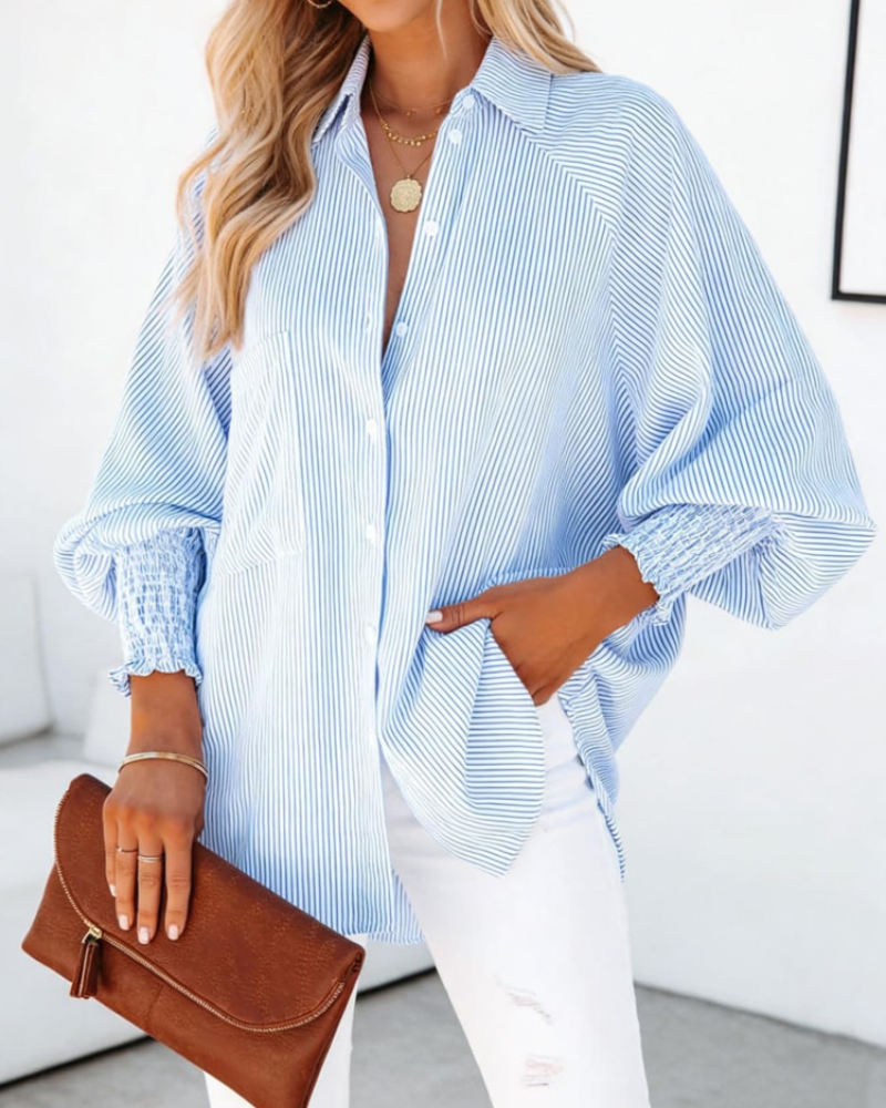 Brooke Women's Striped Shirt – Long Sleeve Button-Up Blouse with Pocket & Lapel Collar