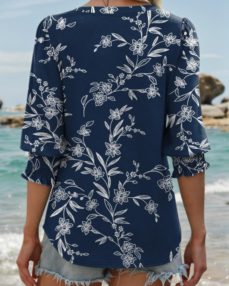 Audrey Women's V-Neck Blouse – 3/4 Sleeve Top with Smocked Cuffs Casual Elegant Fit