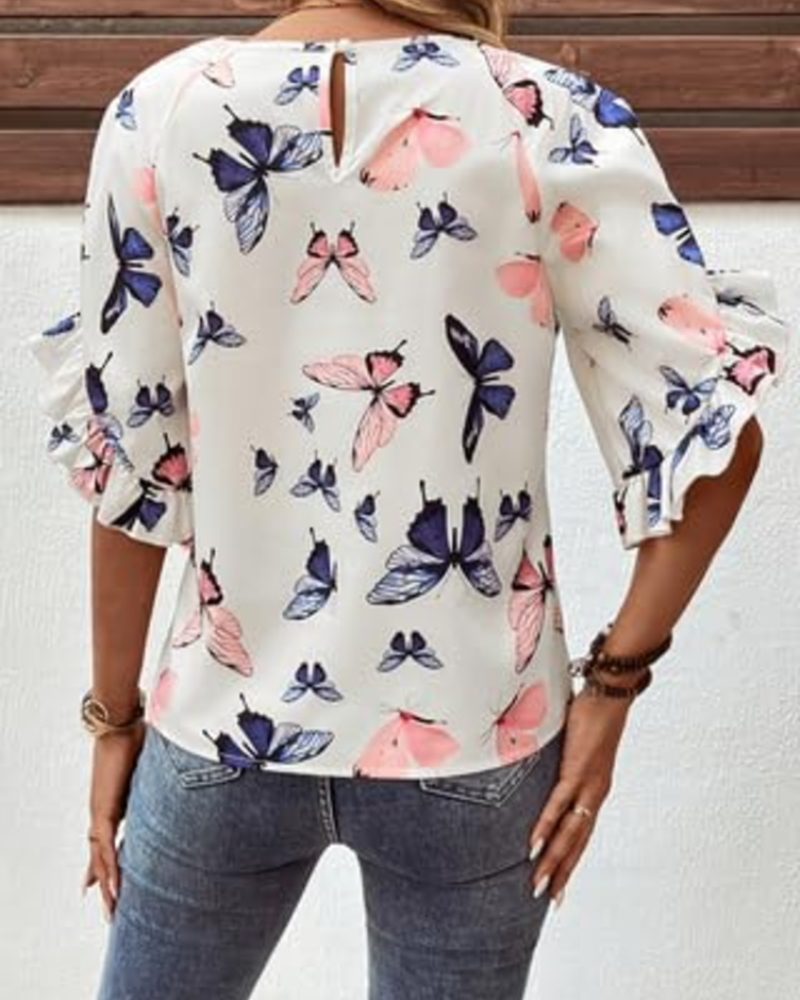 Bhumika Women's Floral Blouse – Short Sleeve Round Neck Loose Fit Summer Top