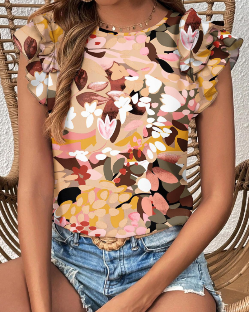 Beatrice Women's Boho Floral Blouse – Short Sleeve Ruffle Top Casual Summer Shirt