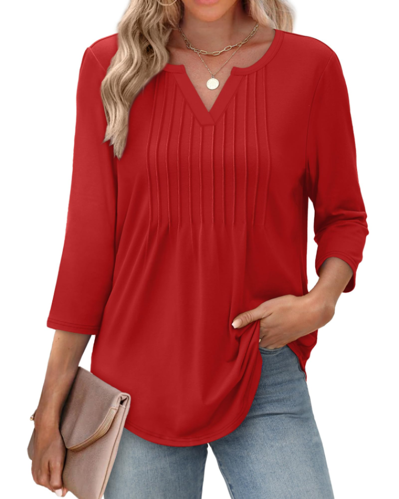 Melanie Women's V-Neck Blouse – 3/4 Sleeve Pleated Summer Top Casual Beach Shirt