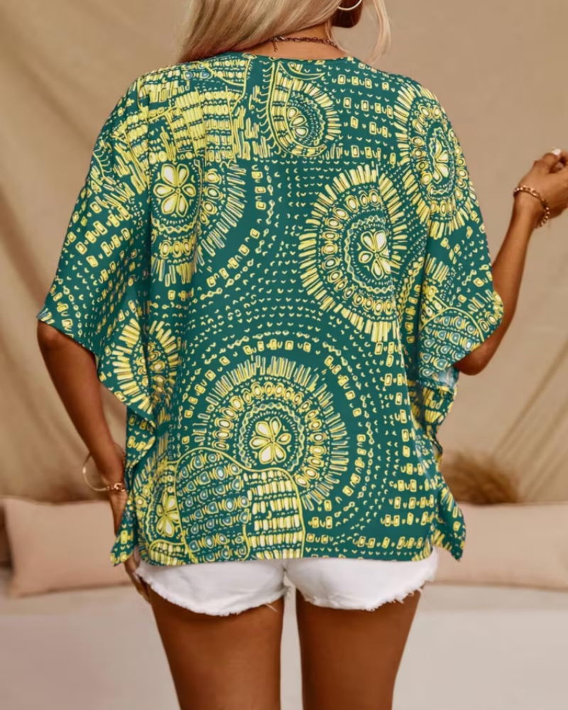 Benicia Women's Oversized Tunic Blouse – V-Neck Ethnic Print Batwing Summer Top