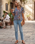 Scarlett Women’s V-Neck Tunic Top – Puff Sleeve Button Pleated Summer Blouse